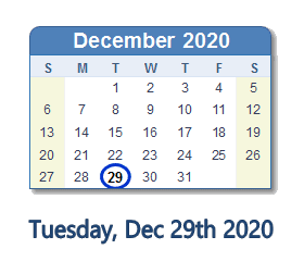 December 29, 2020 calendar