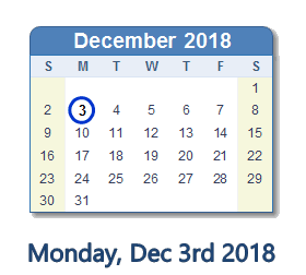 December 3, 2018 calendar