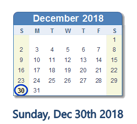December 30, 2018 calendar