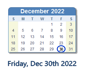December 30, 2022 calendar