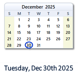 December 30, 2025 calendar