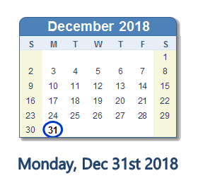 December 31, 2018 calendar