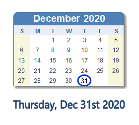December 31, 2020 calendar