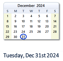 December 31, 2024 calendar