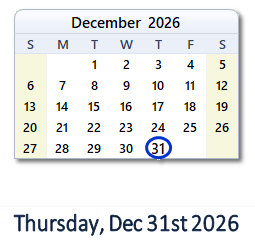 December 31, 2026 calendar