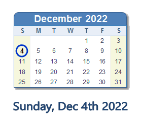 December 4, 2022 calendar
