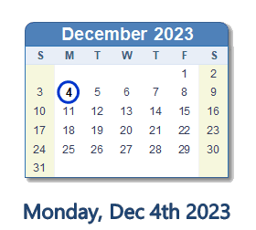 December 4, 2023 calendar