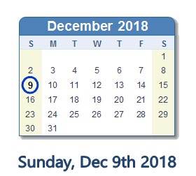 December 9, 2018 calendar