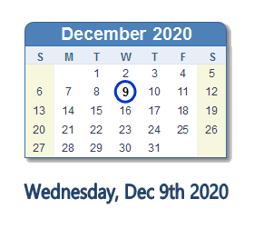 December 9, 2020 calendar