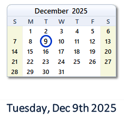 9 December 2025 calendar