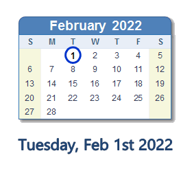 February 1, 2022 calendar