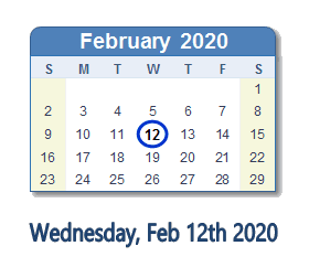 February 12, 2020 calendar