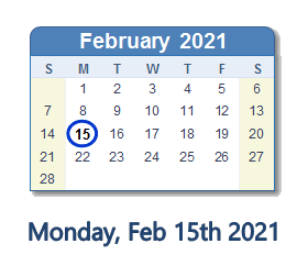 February 15, 2021 calendar