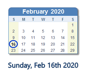 February 16, 2020 calendar