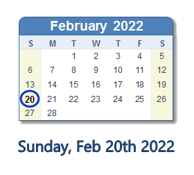 February 20, 2022 calendar