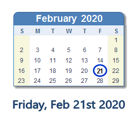 February 21, 2020 calendar