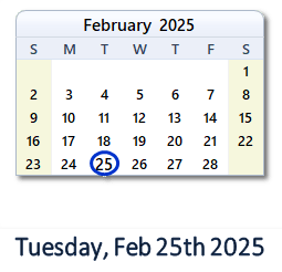 25 February 2025 calendar