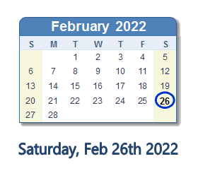 February 26, 2022 calendar
