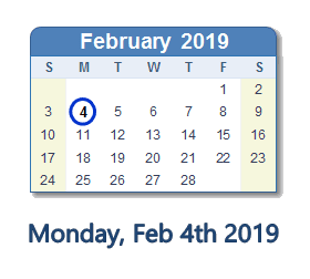 February 4, 2019 calendar