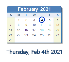 February 4, 2021 calendar