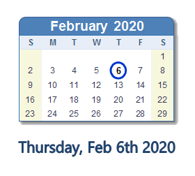 February 6, 2020 calendar