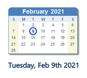 February 9, 2021 calendar