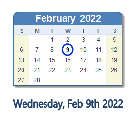 February 9, 2022 calendar