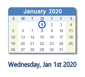 January 1, 2020 calendar
