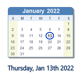 January 13, 2022 calendar