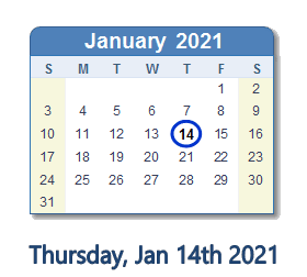 January 14, 2021 calendar
