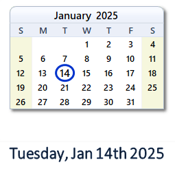 14 January 2025 calendar