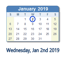January 2, 2019 calendar