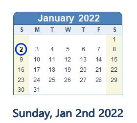 January 2, 2022 calendar