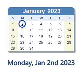 January 2, 2023 calendar