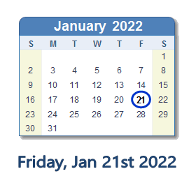 January 21, 2022 calendar