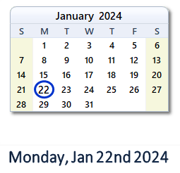 January 22, 2024 calendar