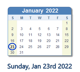 January 23, 2022 calendar