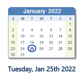 January 25, 2022 calendar