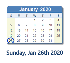 January 26, 2020 calendar