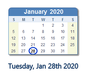 January 28, 2020 calendar
