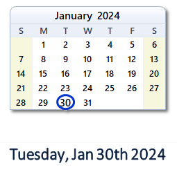 January 30, 2024 calendar