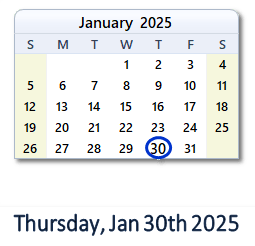 30 January 2025 calendar