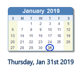 January 31, 2019 calendar