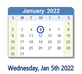 January 5, 2022 calendar