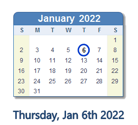 January 6, 2022 calendar