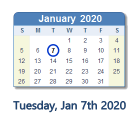 January 7, 2020 calendar