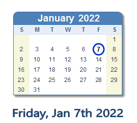 January 7, 2022 calendar