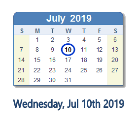 July 10, 2019 calendar