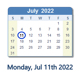 July 11, 2022 calendar