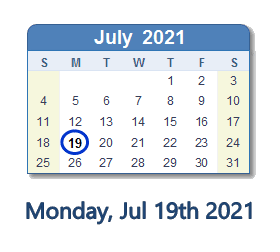 July 19, 2021 calendar